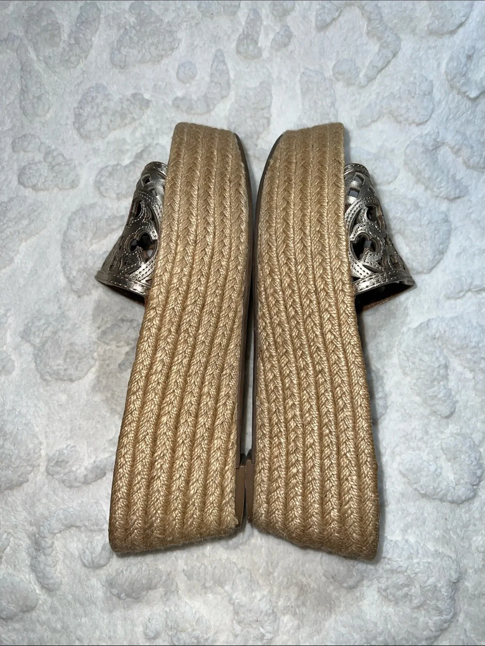 Tory Burch Thatched Perforated Cutout Espadrille Wedge, Gold Metallic Size 8